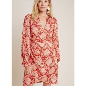 Anthropologie Women’s Skylar Silk Faux Wrap Long Sleeve Red Orange Tan Dress 16